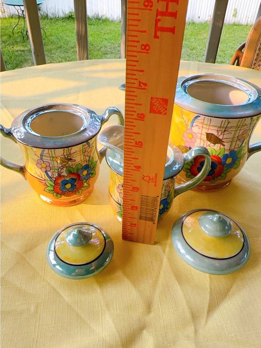 Vintage hand painted Japan lusterware tea set teapot,sugar y creamer bird floral